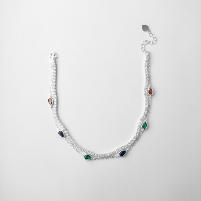 Pulseira Dupla Riveira fina com Corrente Portuguesa com Pingentes de Gotas de Zircônias Coloridas - 18cm