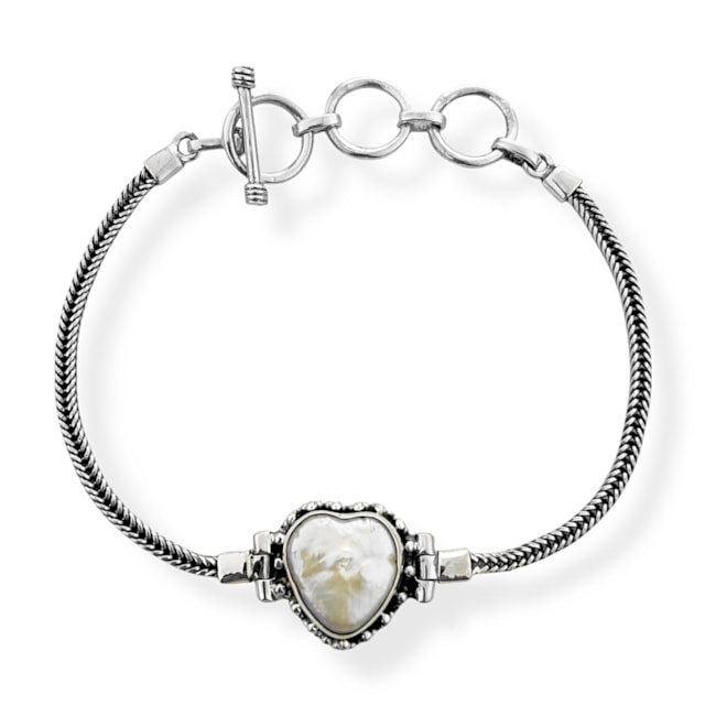 Pulseira Envelhecida com Coração de Pérola Barroca - 16,5cm