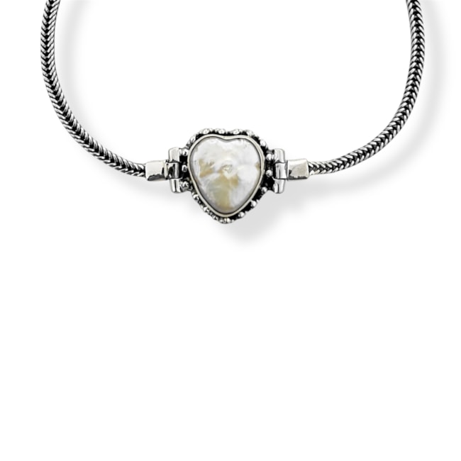 Pulseira Envelhecida com Coração de Pérola Barroca - 16,5cm