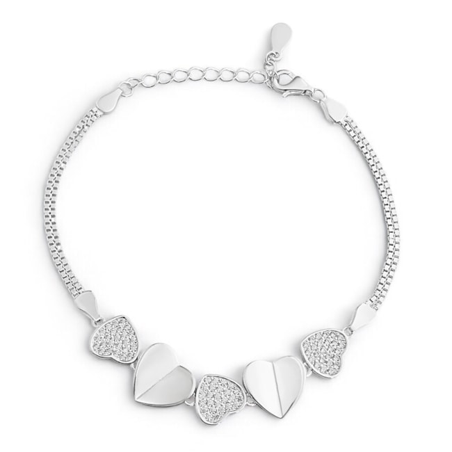 Pulseira Fio Duplo com Corações Cravejados e Liso - 15cm