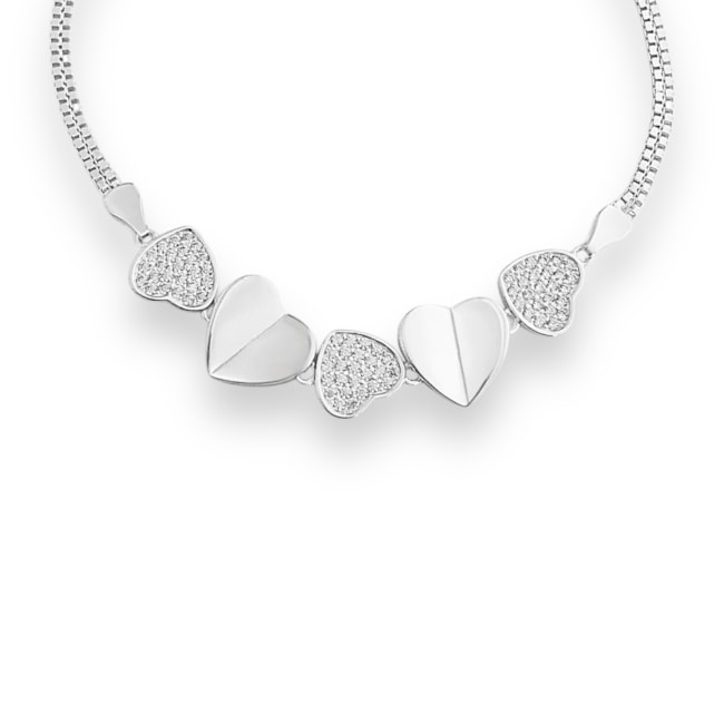 Pulseira Fio Duplo com Corações Cravejados e Liso - 15cm