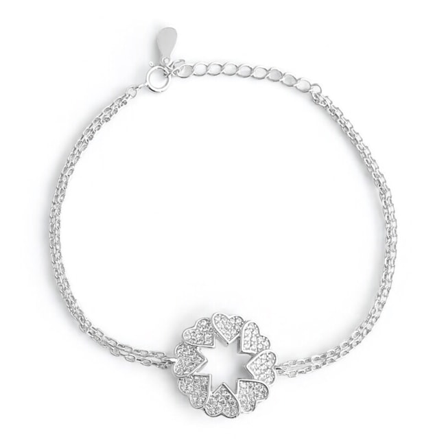 Pulseira Fio Duplo com Detalhe de Corações Cravejados de Zircônias Cristal - 15cm