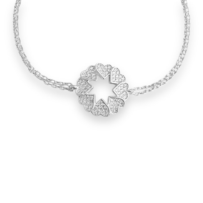 Pulseira Fio Duplo com Detalhe de Corações Cravejados de Zircônias Cristal - 15cm