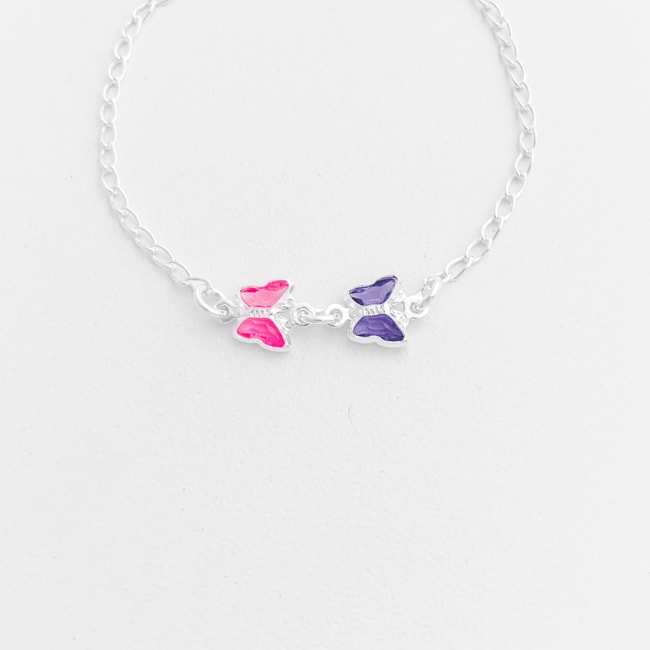 Pulseira Infantil com Borboletas de Zircônia Rosa e Lilás - 14,5cm