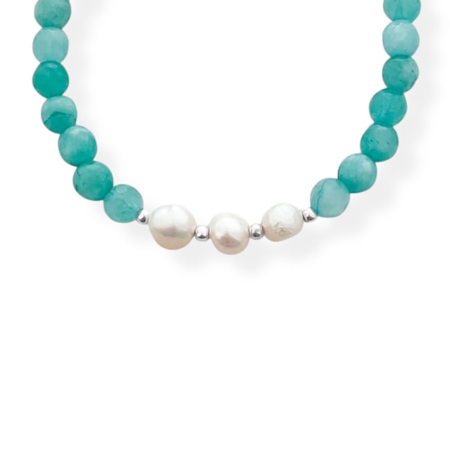 Pulseira Jade Amazonita com Pérola Pão - 16cm