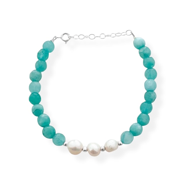 Pulseira Jade Amazonita com Pérola Pão - 16cm