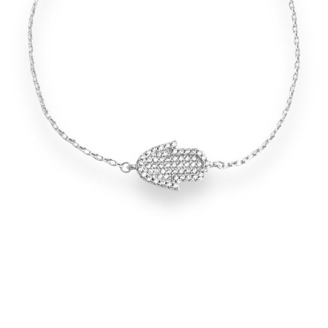 Pulseira Mão de Fátima Cravejada com Zircônia Cristal - 15,5cm