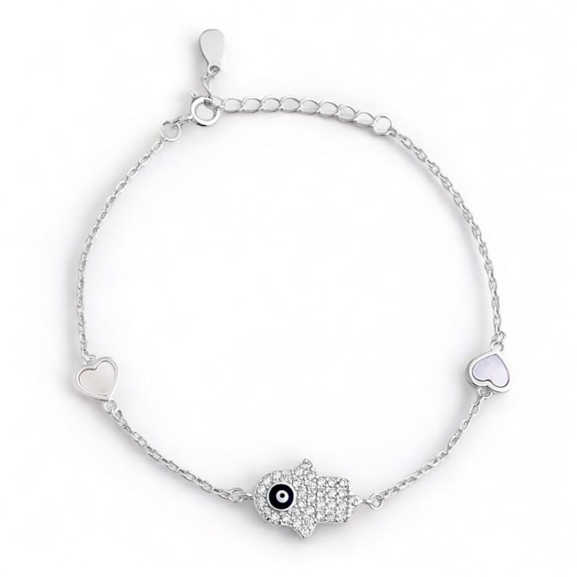 Pulseira Mão de Hamsá Cravejada com Olho Grego e Corações em Madrepérola - 16cm