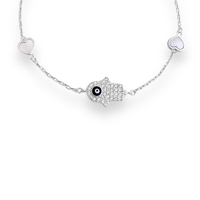 Pulseira Mão de Hamsá Cravejada com Olho Grego e Corações em Madrepérola - 16cm