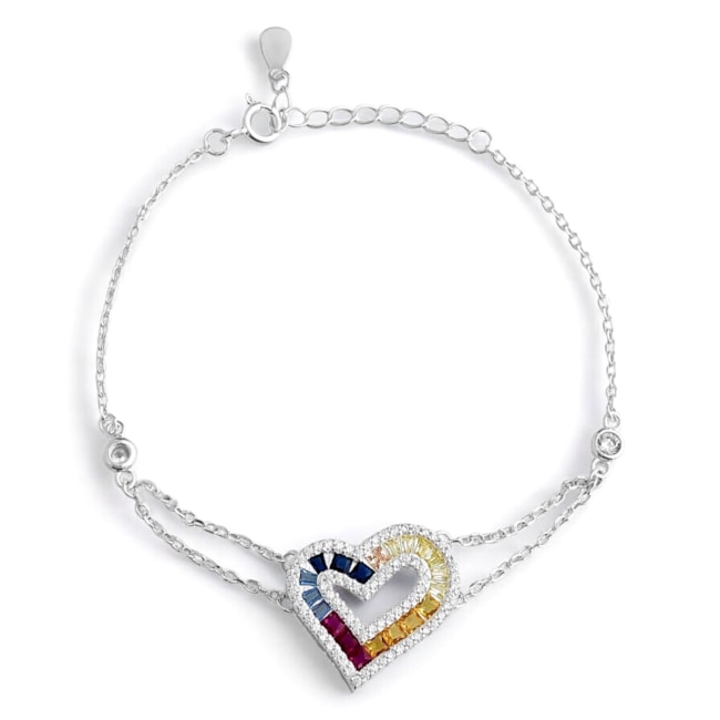 Pulseira Meio Fio Duplo com Coração Vazado Colorido de Zircônias - 16cm