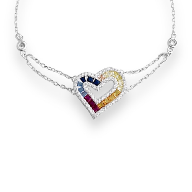 Pulseira Meio Fio Duplo com Coração Vazado Colorido de Zircônias - 16cm