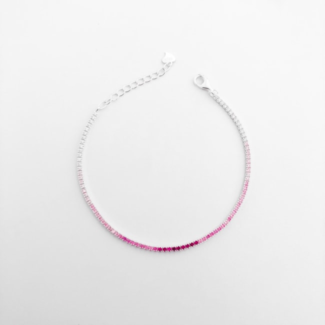 Pulseira Riveira Fina com Zircônias Rosas em Degradê - 17cm