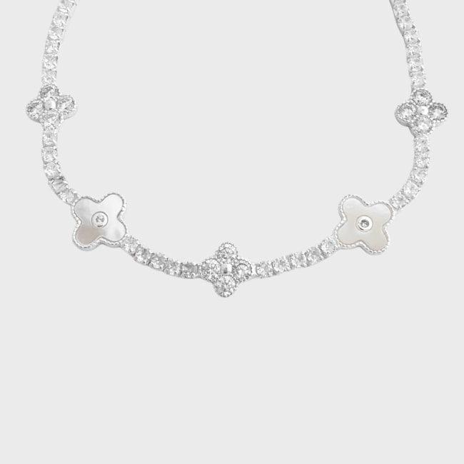 Pulseira Riviera com Flor Cravejada de Zircônia e em Madrepérola - 18cm