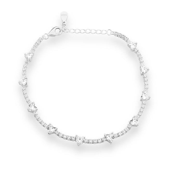 Pulseira Riviera de Coração com Zircônia Cristal - 16cm