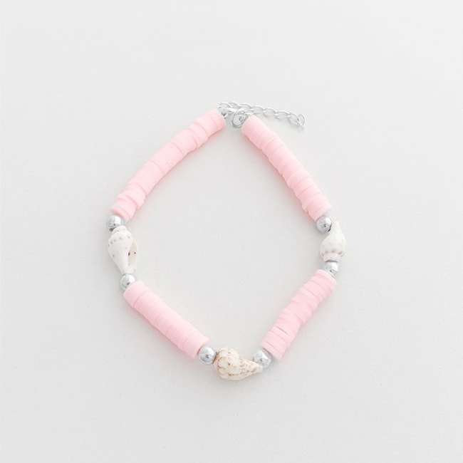 Pulseira Rosa Bebe com Concha Caracol e Bolinhas 