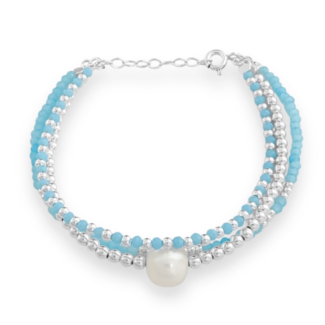 Pulseira Trabalhada com Pedrinhas Azul e Pérola - 16,5cm