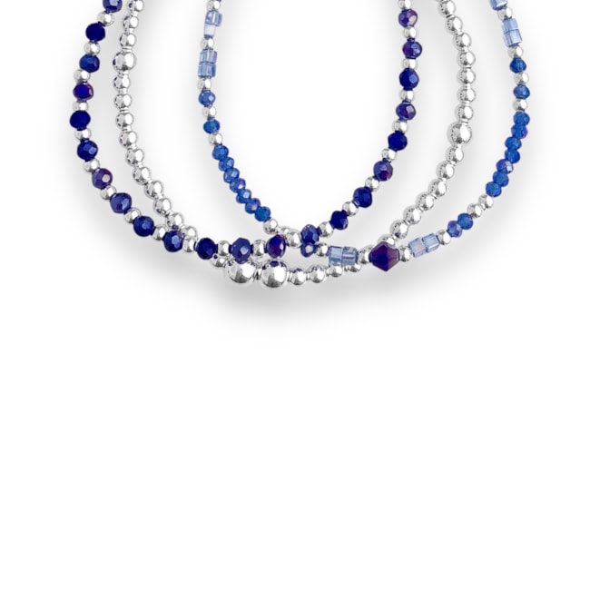 Pulseira Três Tiras com Cristais Flat Azul e Bolinhas - 17cm
