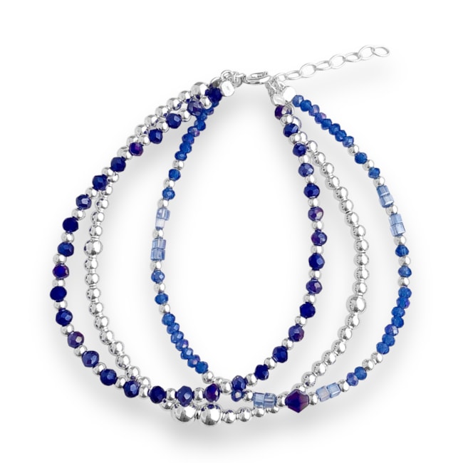 Pulseira Três Tiras com Cristais Flat Azul e Bolinhas - 17cm