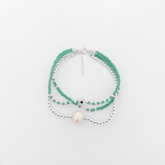 Pulseira Tripla com Bolinhas e Pedras com Olho Grego e Pérola - 18cm