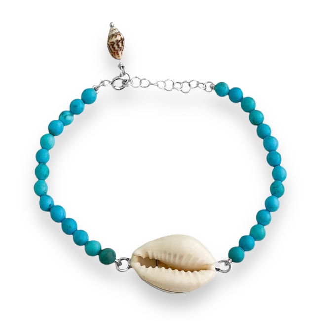 Pulseira Turquesa Azul Claro com Búzio e Caracol - 16cm