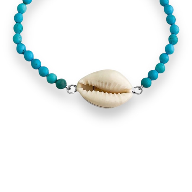 Pulseira Turquesa Azul Claro com Búzio e Caracol - 16cm