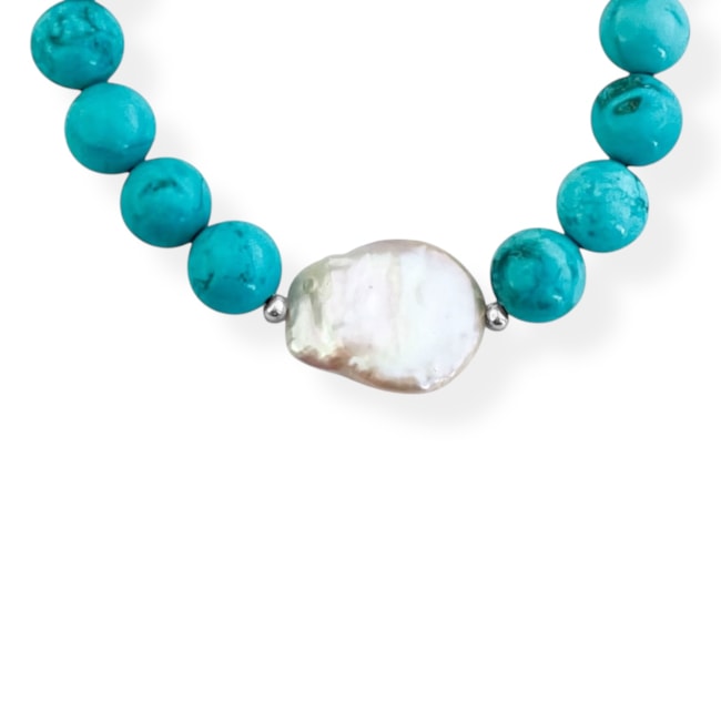 Pulseira Turquesa Azul Claro com Pérola Biwa - 17cm