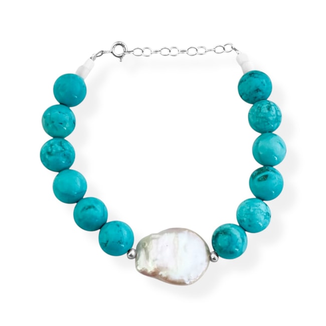 Pulseira Turquesa Azul Claro com Pérola Biwa - 17cm