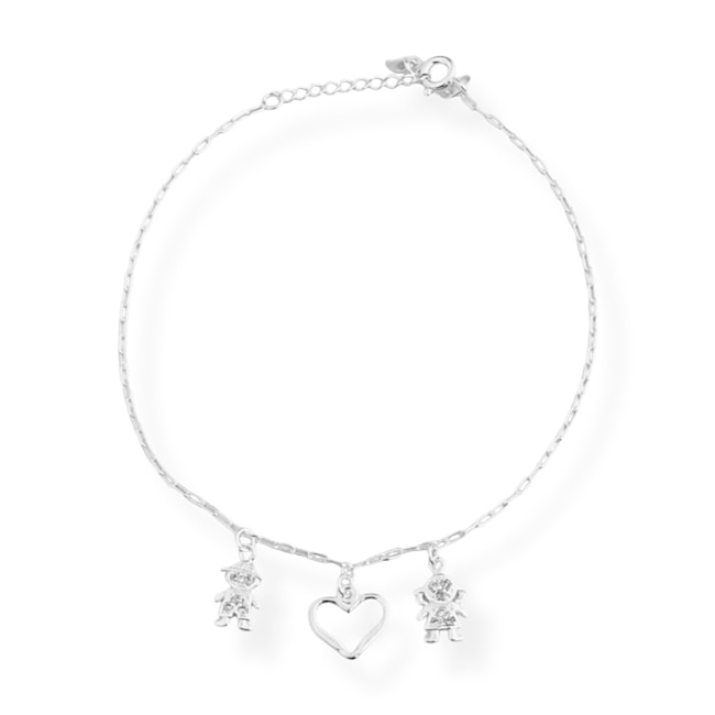 Tornozeleira com Pingentes Casal Criança de Zircônia e Coração Vazado - 23cm