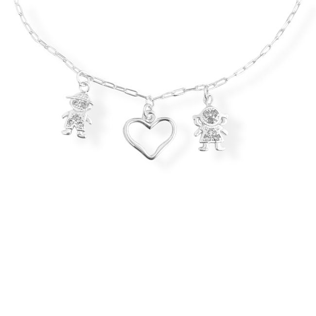 Tornozeleira com Pingentes Casal Criança de Zircônia e Coração Vazado - 23cm