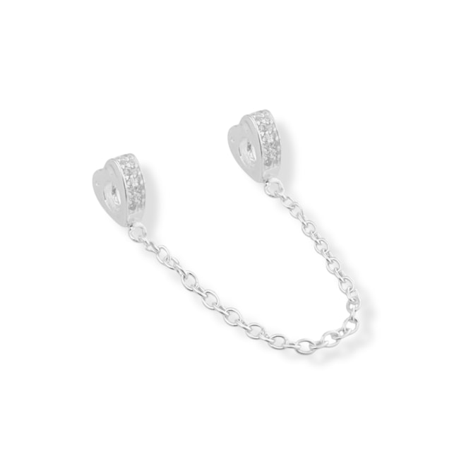 Trava para Berloque Branco de Coração com Corrente Cravejada de Zircônia Cristal - 6,5cm