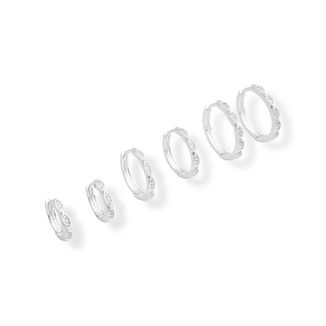 Trio de Brinco de Argola com Detalhes Cravejado com Zircônia Cristal 