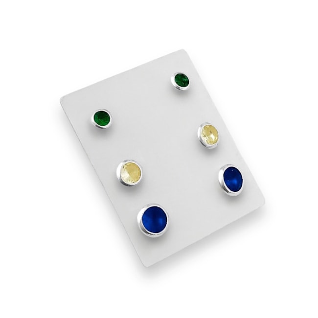 Trio de Brincos com Zircônias Redondas Coloridas