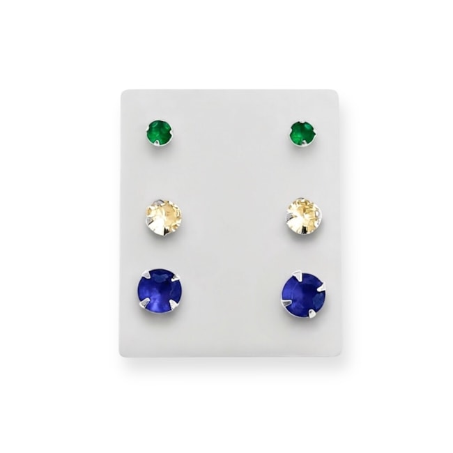 Trio de Brincos com Zircônias Verde, Amarelo e Azul