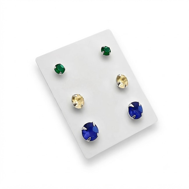 Trio de Brincos com Zircônias Verde, Amarelo e Azul