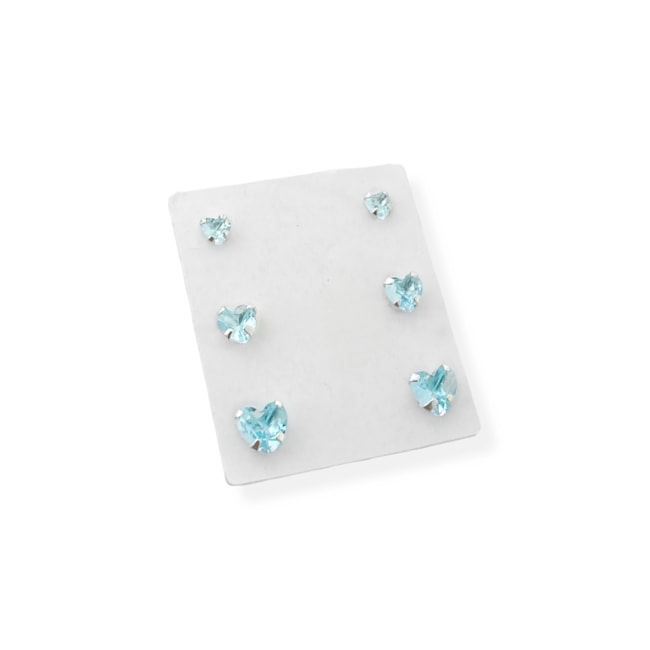 Trio de Brincos de Coração em Zircônias Água Marinha