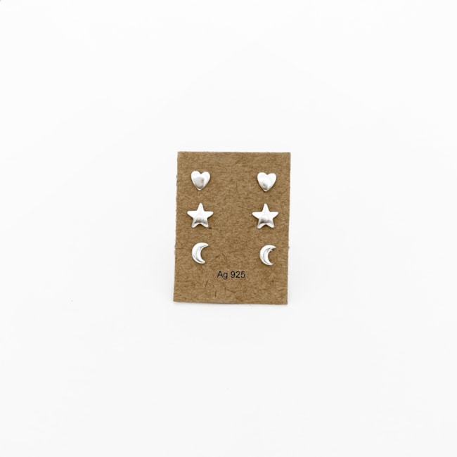 Trio de Brincos de Lua, Coração e Estrela